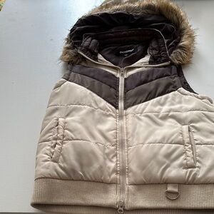 CoffeeShop Brown and Cream Hooded Vest with Fur Trim